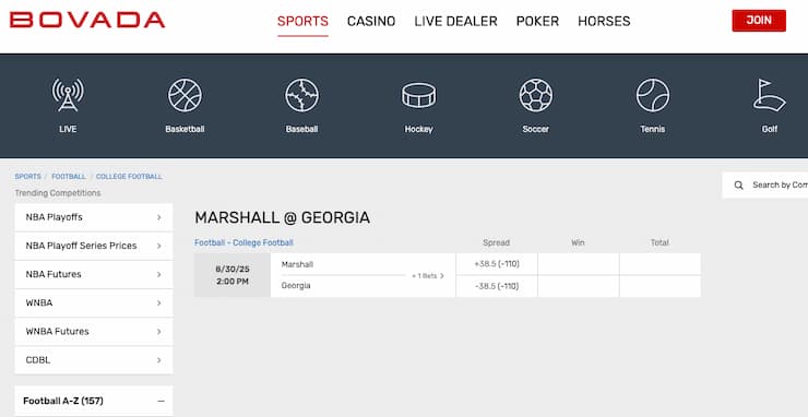 An image of the betting screen on Bovada, one of the best GA online sportsbooks.